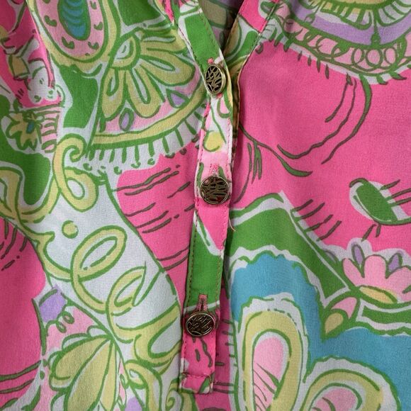Lilly Pulitzer Top XS Silk Elsa Chin Chin Elephant Pink Ballon Sleeve V-Neck - Picture 6 of 16